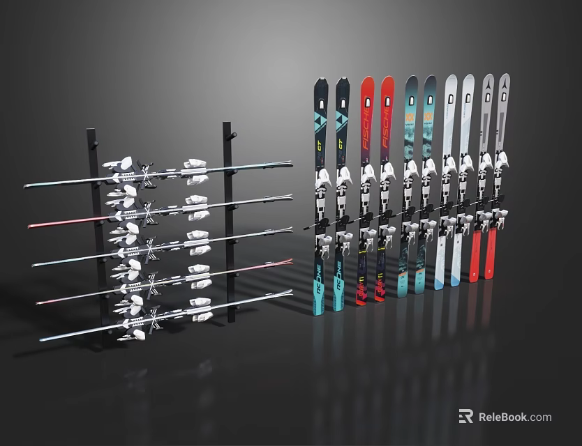 Sports Equipment Display Rack With Skis Ski Poles In Various Colors And Modern Design 3d model 
