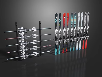 Sports Equipment Display Rack With Skis Ski Poles In Various Colors And Modern Design 3d model
