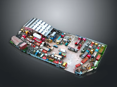 Various Types of Vehicles Parked in Logistics Yard With Storage Buildings and Containers 3d model