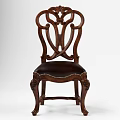Classic Wooden Dining Chair With Ornate Carved Backrest And Leather Upholstered Seat