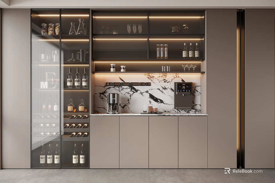 Elegant Wine Cabinet With Glass Doors LED Lighting Marble Countertop and Wine Bottle Storage 3d model 