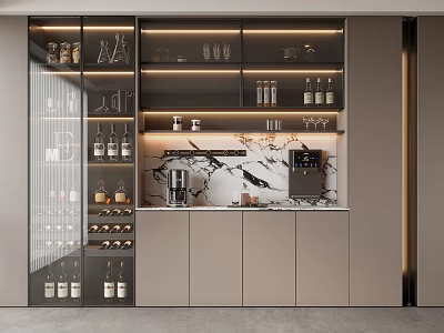 Elegant Wine Cabinet With Glass Doors LED Lighting Marble Countertop and Wine Bottle Storage 3d model