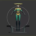 Futuristic Game Movie Character In Green Bodysuit With Yellow Accents And Glowing Transparent Ring Base