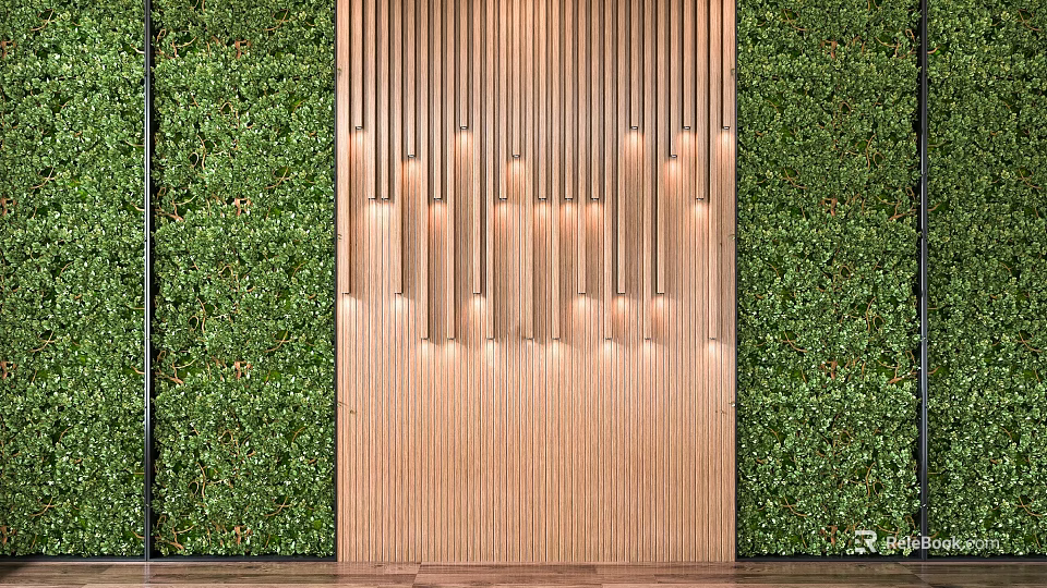 Greenery Wall With Wooden Panel And Lighting Decor 3d model 