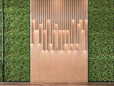 Greenery Wall With Wooden Panel And Lighting Decor 3d model