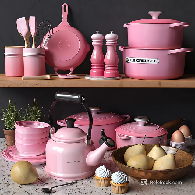 Pink Kitchenware Display With Cookware And Tableware 3d model 