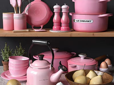 Pink Kitchenware Display With Cookware And Tableware 3d model