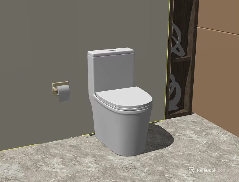 White Toilet In Bathroom With Gray Wall Gold Paper Holder And Marble Floor 3d model 
