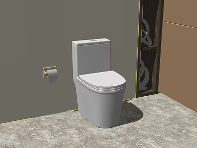 White Toilet In Bathroom With Gray Wall Gold Paper Holder And Marble Floor 3d model