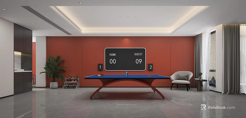 Modern Indoor Fitness Room With Ping Pong Table And Score Display Screen 3d model 