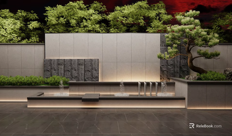 Modern Landscape Garden Walls Design With Stone Water Features And Green Plants 3d model 