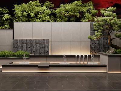 Modern Landscape Garden Walls Design With Stone Water Features And Green Plants 3d model