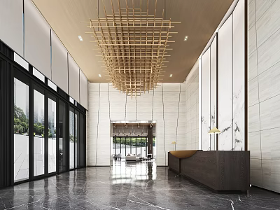 Elegant Modern Hotel Lobby Interior With Golden Grid Chandelier Marble Floor And Reception Desk 3d model