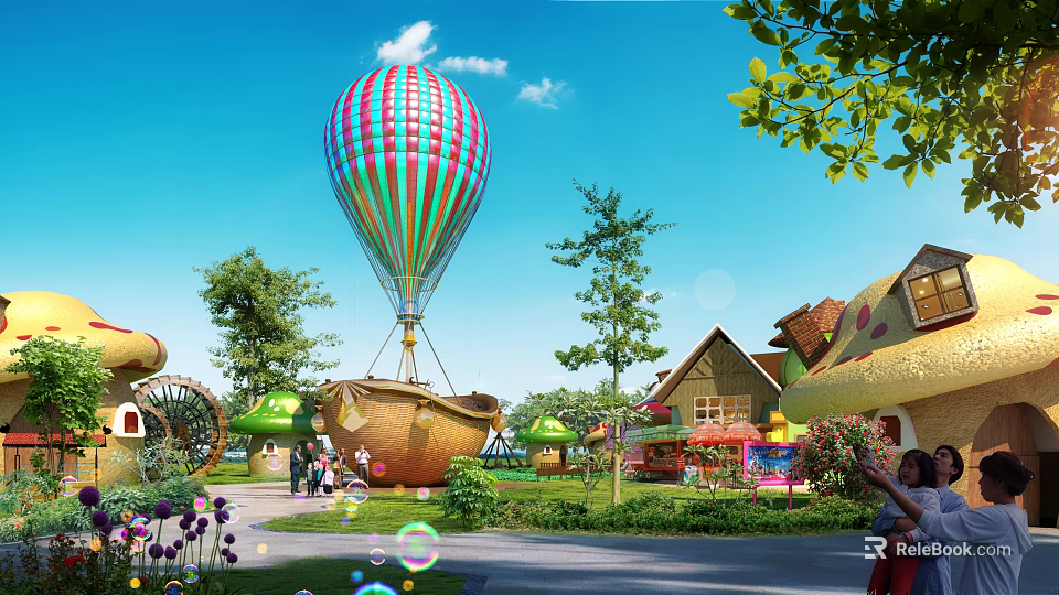 Colorful Hot Air Balloon Above Fairy Tale Town With Mushroom Houses Windmill And Lush Greenery 3d model 