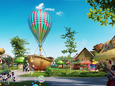 Colorful Hot Air Balloon Above Fairy Tale Town With Mushroom Houses Windmill And Lush Greenery 3d model