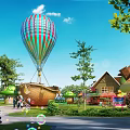 Colorful Hot Air Balloon Above Fairy Tale Town With Mushroom Houses Windmill And Lush Greenery