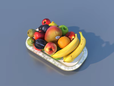 Fresh Assorted Fruits on Silver Platter Including Apples Bananas Peaches and Oranges 3d model