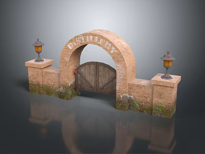 Arched Stone Brick Entry Gate With Inscribed SYCAMORE And Flanking Lanterns On Stone Pillars 3d model
