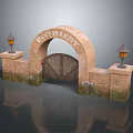 Arched Stone Brick Entry Gate With Inscribed SYCAMORE And Flanking Lanterns On Stone Pillars
