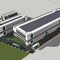 Modern Industrial Factory Building Exterior With Green Grassland Road Pedestrians Vehicles And Blue Sky
