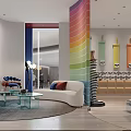 Vibrant Striped Column In Modern Interior Design With Sofa Stools And Wooden Flooring