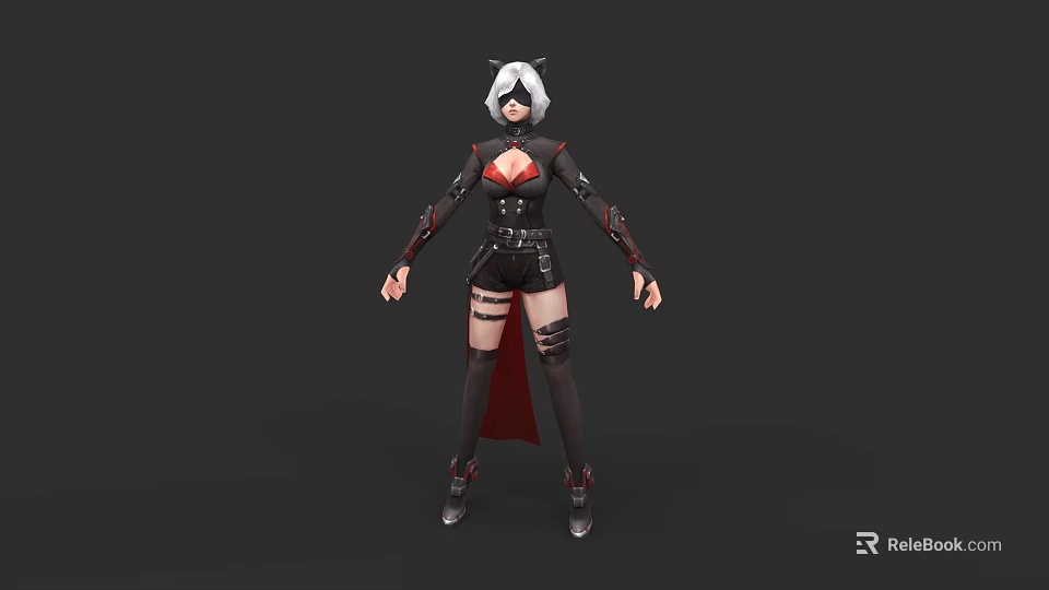 Woman With White Hair Cat Ears In Black Red Tight Outfit And Thigh High Boots 3d model 