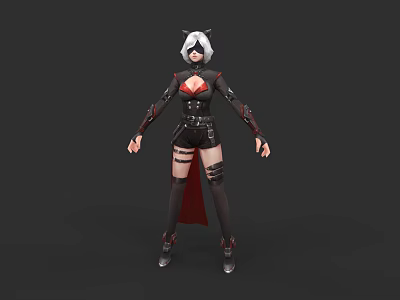 Woman With White Hair Cat Ears In Black Red Tight Outfit And Thigh High Boots 3d model
