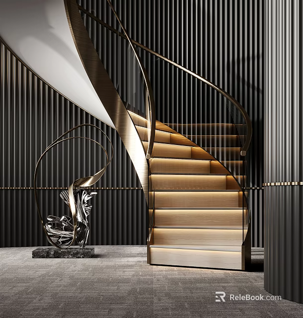 Modern Spiral Staircase With Golden Handrail Lit Steps Black Vertical Striped Wall And Silver Sculpture 3d model 