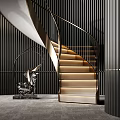 Modern Spiral Staircase With Golden Handrail Lit Steps Black Vertical Striped Wall And Silver Sculpture