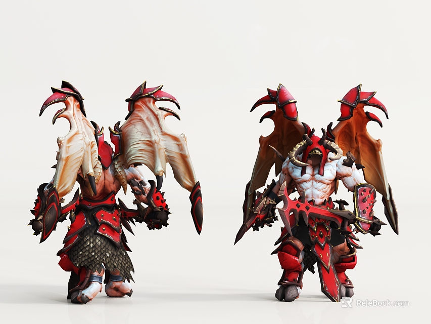 Game and Movie Demon Warrior Characters With Red Black Armor Wings Horns and Weapons 3d model 