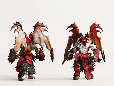Game and Movie Demon Warrior Characters With Red Black Armor Wings Horns and Weapons 3d model