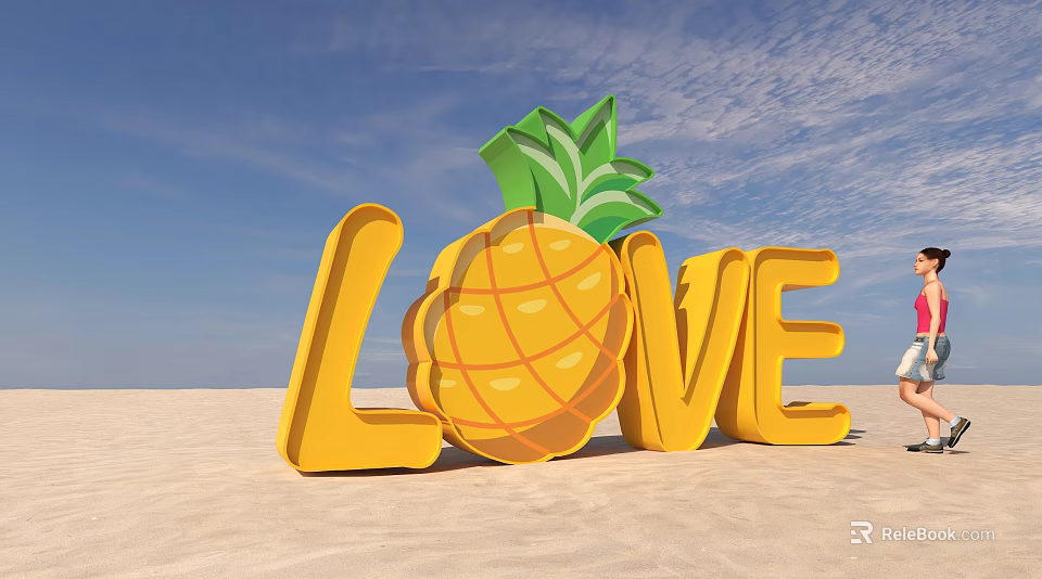 Vibrant LOVE Letters With Pineapple Decoration On Sandy Beach Under Blue Sky 3d model 
