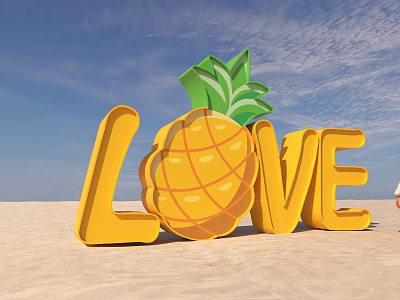 Vibrant LOVE Letters With Pineapple Decoration On Sandy Beach Under Blue Sky 3d model