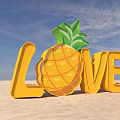 Vibrant LOVE Letters With Pineapple Decoration On Sandy Beach Under Blue Sky