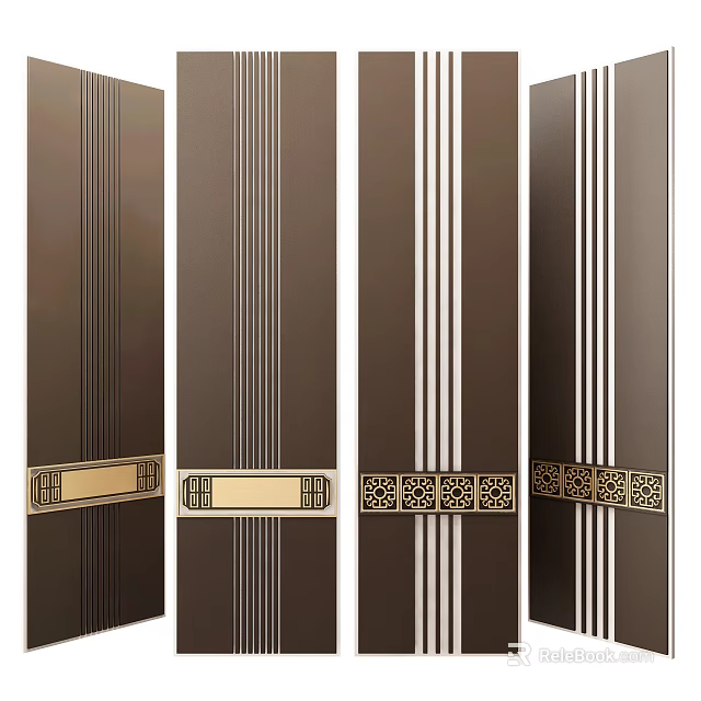 Stylish Dark Brown Room Dividers With White Stripes And Intricate Golden Accents 3d model 