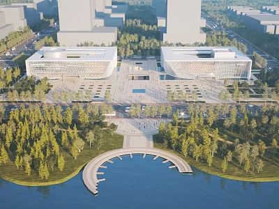 Aerial Planning Of Modern Urban District With Central Plaza Water Area And Greenery 3d model