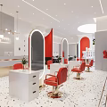 Beauty Hair Salon With Red Arched Entrance Glass Storefront And Mannequin