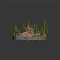 Cartoon Scene With Cozy Cabin Tall Pine Trees Wooden Bridge Small Stream And Circular Base