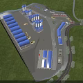 Industrial Factory Aerial View With Green Forest Surroundings Blue Roof Structures Roadways And Vehicles