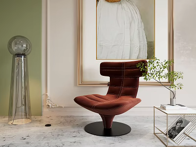Red Modern Leisure Chair with Curved Black Base in Elegant Interior Green Plant Side Table 3d model