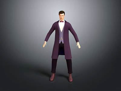 Man In Purple Long Coat With Vest Bow Tie Black Pants Brown Shoes Gray Background 3d model