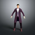 Man In Purple Long Coat With Vest Bow Tie Black Pants Brown Shoes Gray Background