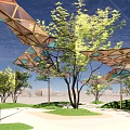 Outdoor Pergola With Colorful Geometric Glass Roof And Green Grass Trees Under Blue Sky
