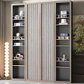 Modern Decorative Cabinet With Sliding Doors Open Shelves Books Vases And Potted Plant