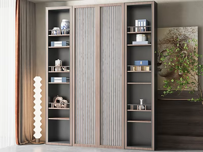 Modern Decorative Cabinet With Sliding Doors Open Shelves Books Vases And Potted Plant 3d model