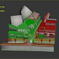 Traditional Architecture 3D Model With Sloped Roofs Pathway And Cherry Blossom Trees