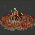 Fierce Game Movie Character Riding Brown Horse Holding Spear In Dry Grassland