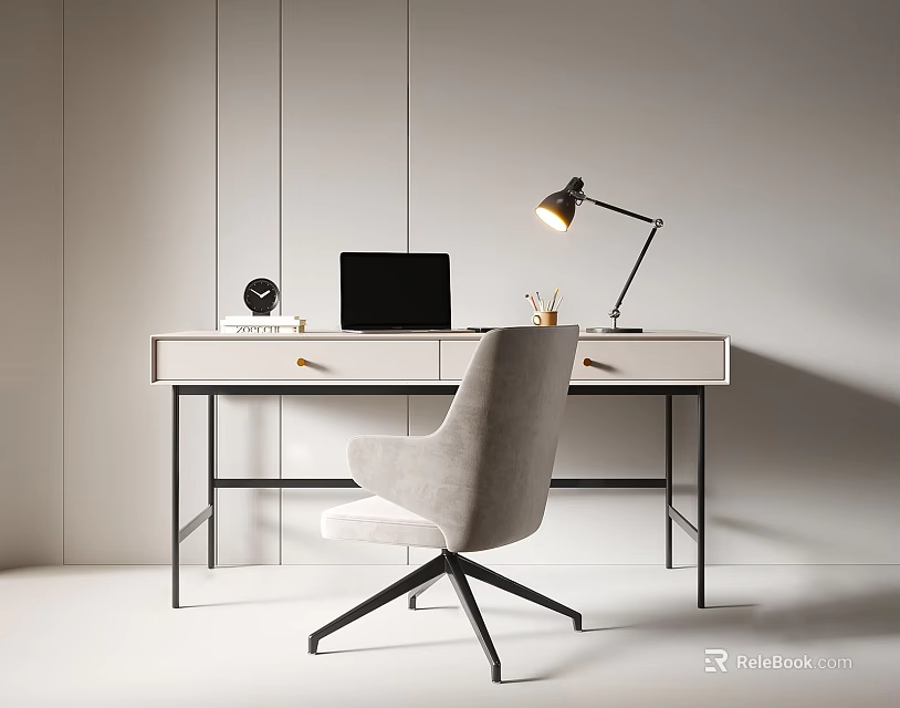 Modern Minimalist Desk Setup With Laptop Table Lamp And Comfortable Chair 3d model 