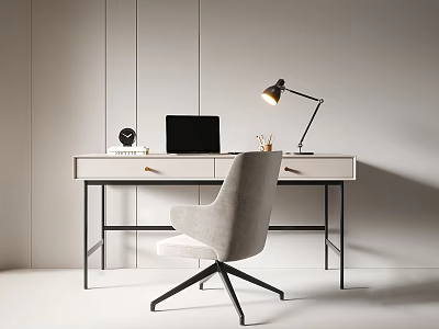 Modern Minimalist Desk Setup With Laptop Table Lamp And Comfortable Chair 3d model