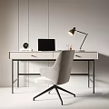 Modern Minimalist Desk Setup With Laptop Table Lamp And Comfortable Chair